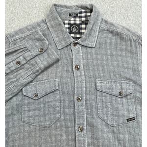 Volcom Shirt Mens L Gray Herringbone 100% Cotton Slim Fit Pockets Button Up